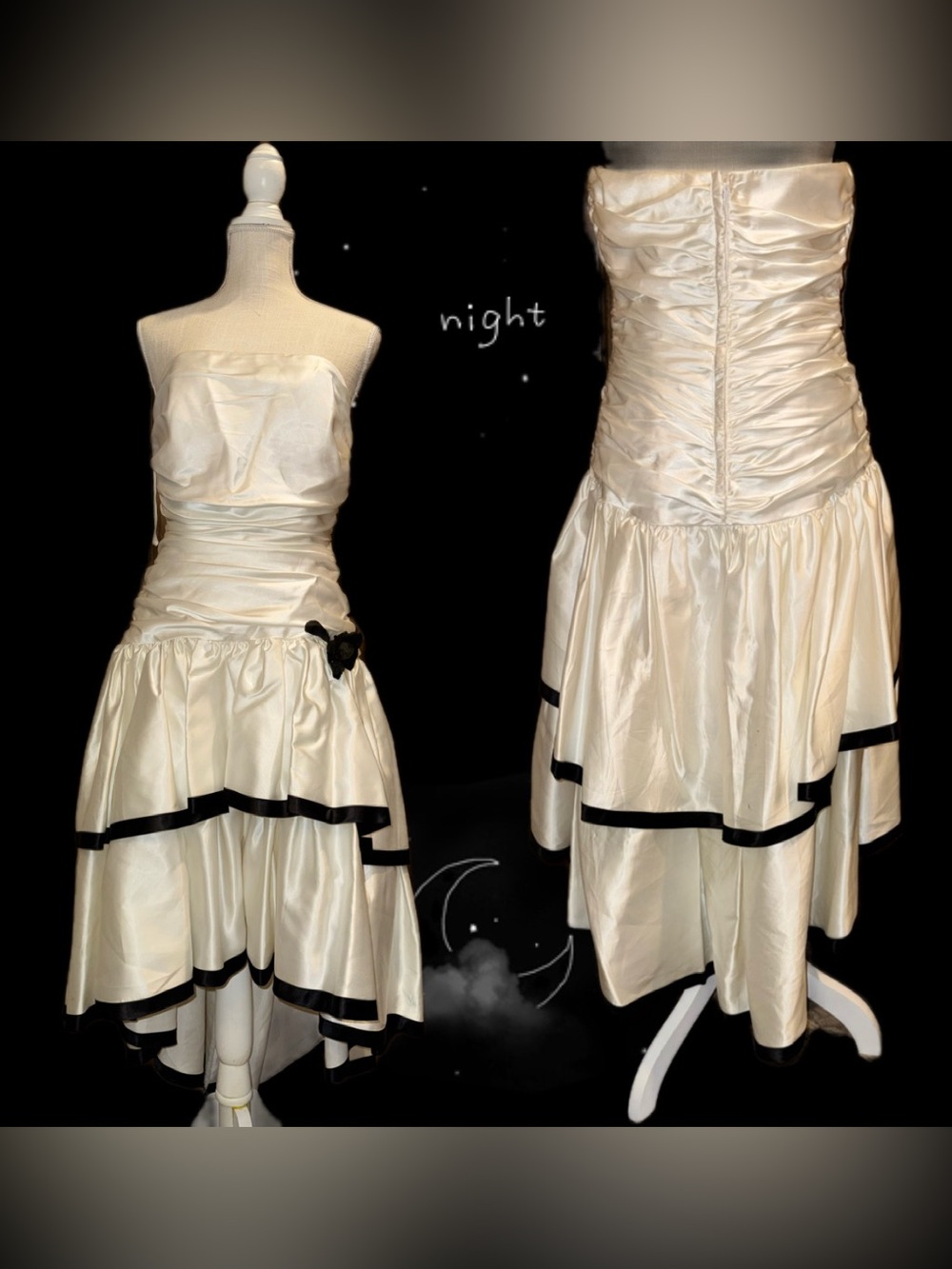 Vintage 80s Strapless Satin Prom Dress White Black Trim Hi-Low Union Made Sz S/M
